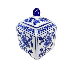 Pier 1 Tang Candy Box Spice Jar Container & Lid Blue White Floral Asian Inspired